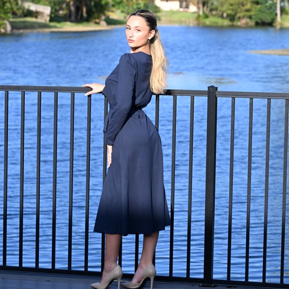 DEVORAH'S SECRET Navy Blue Modest Midi Dress 100% Cotton - Picture 3 of 3